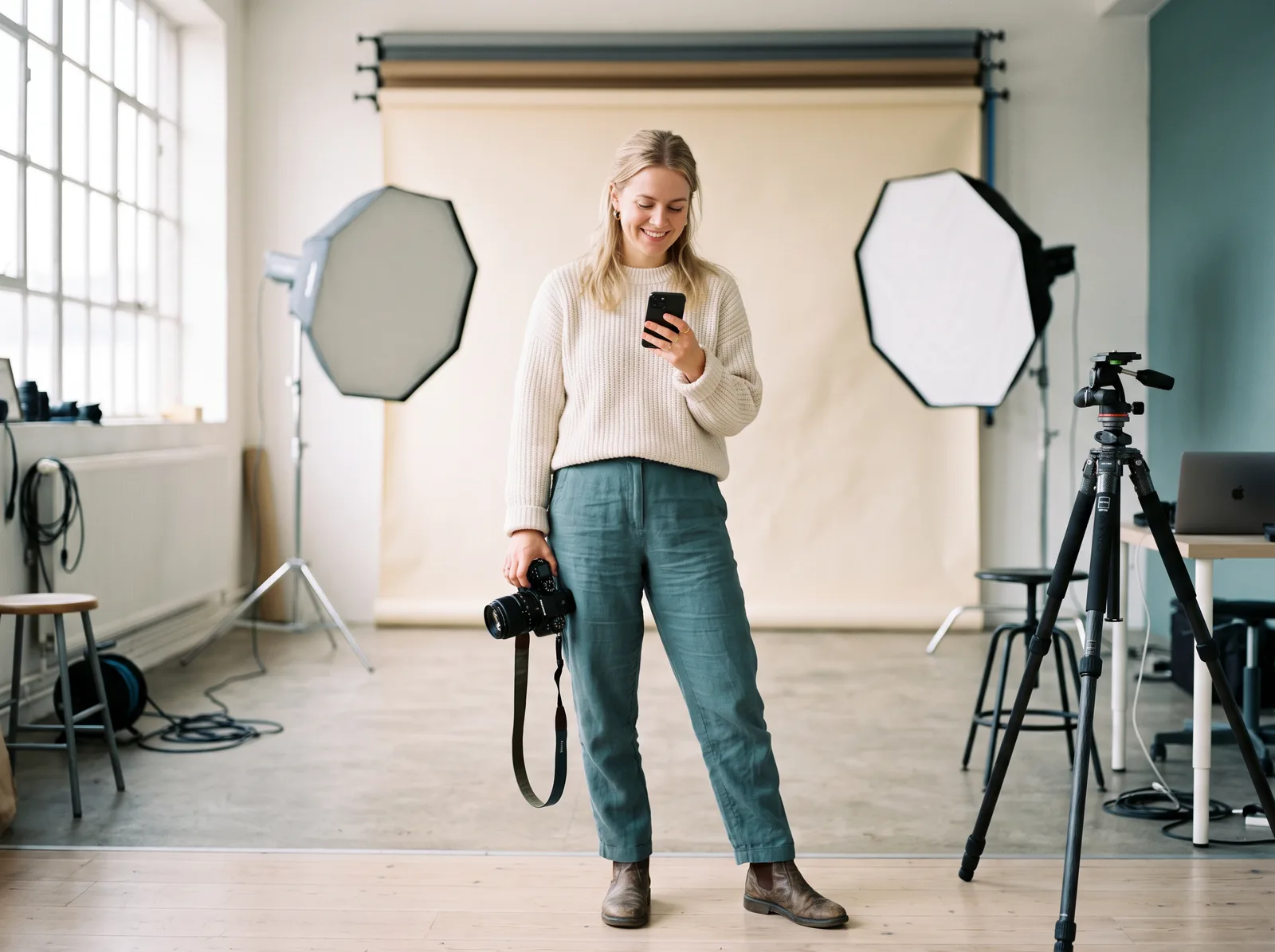 Fotograf i studio som har fått oppgjøret sitt sikret