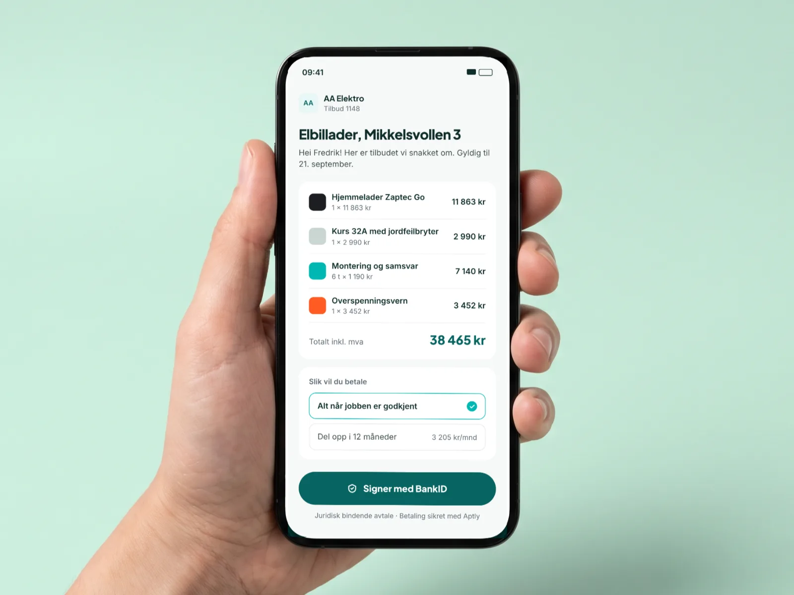 Kunden godkjenner tilbudet på mobilen og velger delbetaling